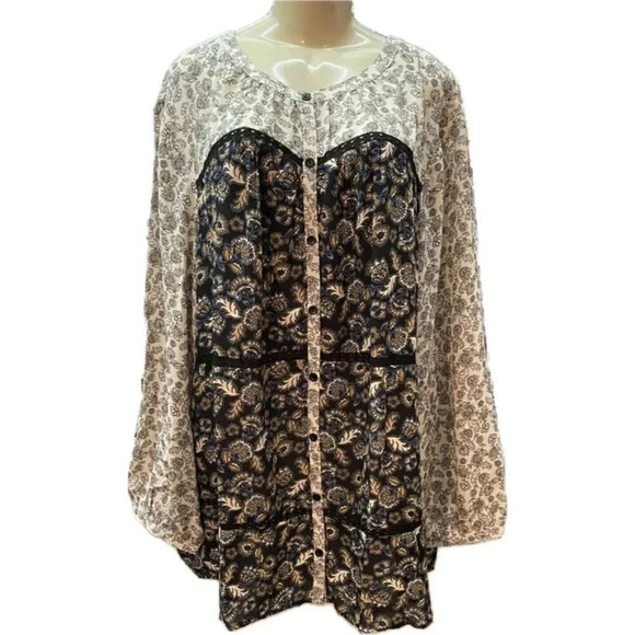 Woman Within +30/32 Gray Floral Mixed Print Button Lace Trim Long Sleeve Blouse - Picture 2 of 6